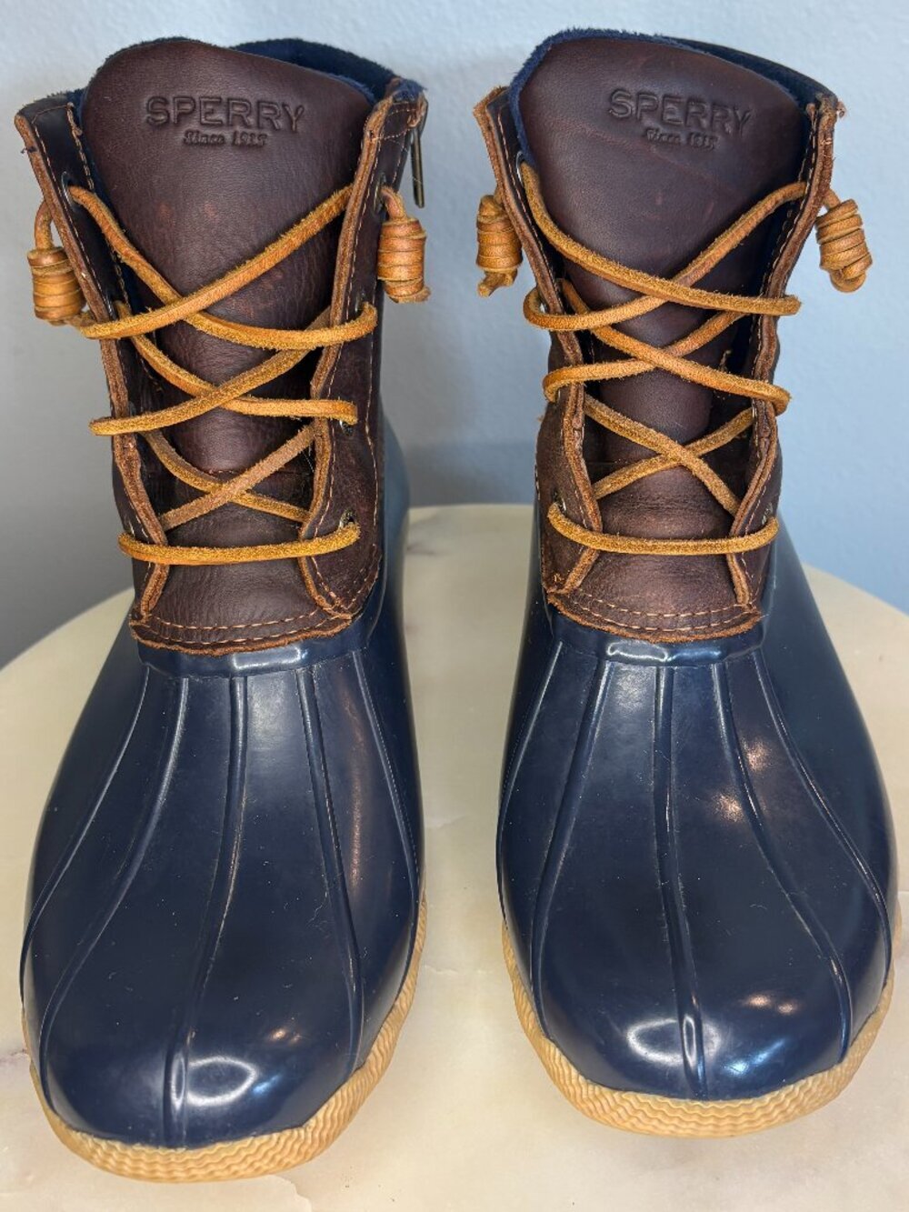 Sperry Top-Sider Saltwater Duck Boots Navy Blue Brown Leather Women's Size 9.5